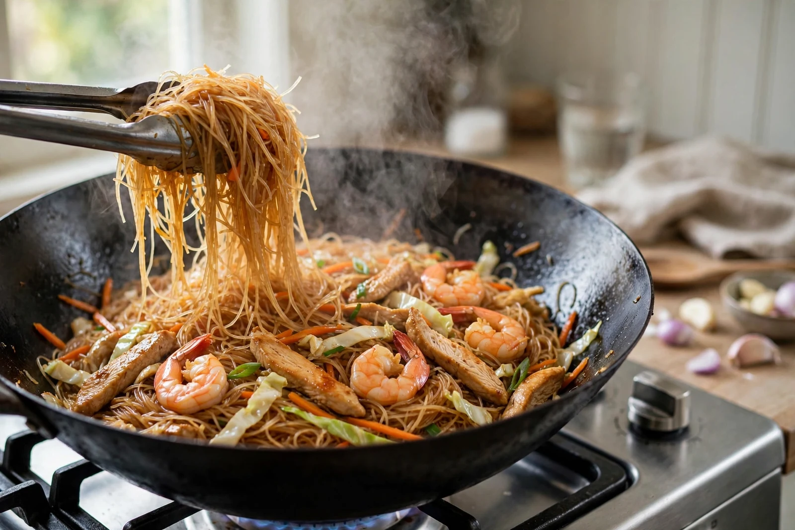 Filipino pancit bihon rice vermicelli noodles being tossed in a large black wok with shrimp, chicken strips, cabbage and carrot, steam rising as metal tongs lift the glossy noodles
