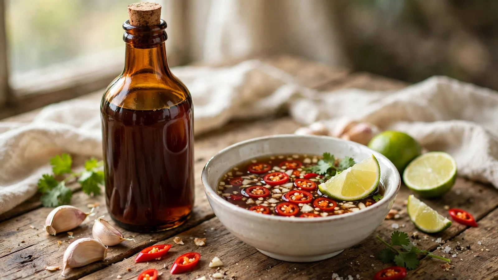 Glass bottle of Vietnamese fish sauce beside a bowl of nuoc cham dipping sauce with sliced chilies, garlic and lime