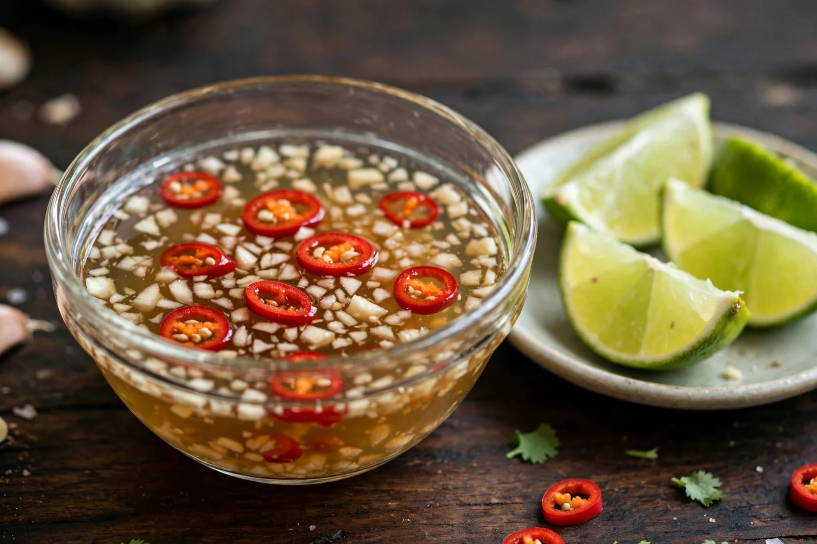 Close-up of nuoc cham dipping sauce with sliced red chilies and minced garlic, with lime wedges beside