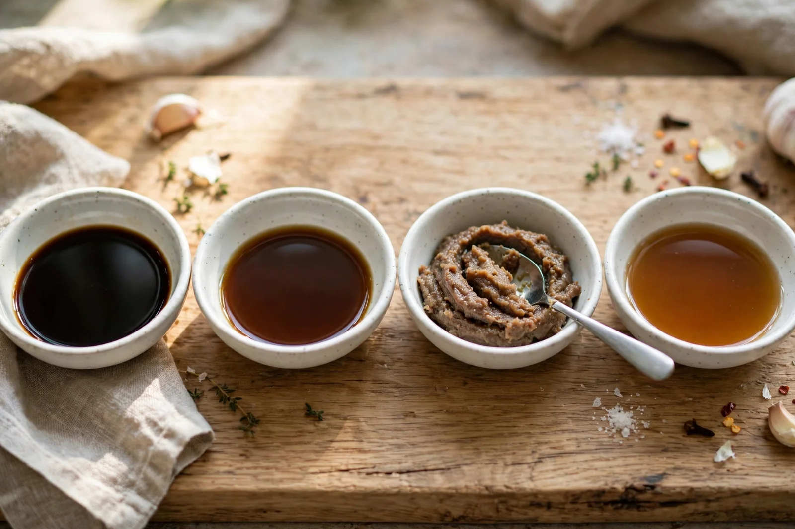 Small white bowls holding fish sauce substitutes: soy sauce, tamari, anchovy paste and coconut aminos