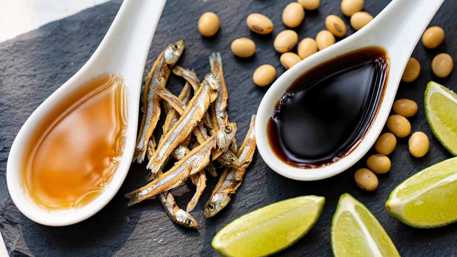 Two white tasting spoons on dark slate, amber fish sauce with dried anchovies on the left, dark soy sauce with soybeans on the right, lime wedges