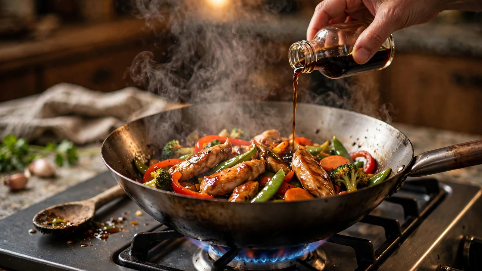 Wok stir-fry with chicken and vegetables on a gas burner, hand pouring dark sauce from a glass bottle, steam rising