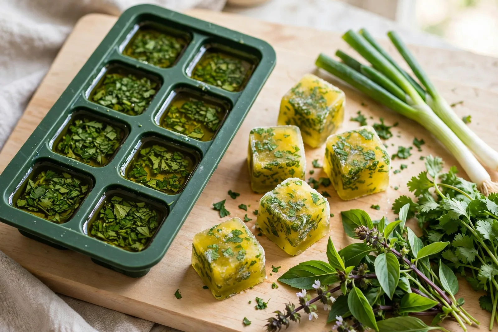Dark green silicone ice cube tray filled with chopped green herbs in olive oil beside golden frozen herb-oil cubes, fresh scallions, Thai basil and cilantro on a wooden board