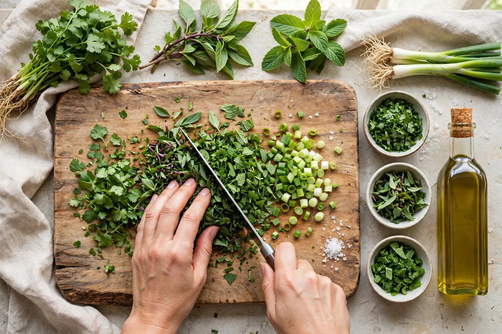 Overhead view of hands chopping fresh cilantro, Thai basil, mint and scallions on a worn wooden cutting board, small bowls of chopped herbs and a bottle of olive oil beside it