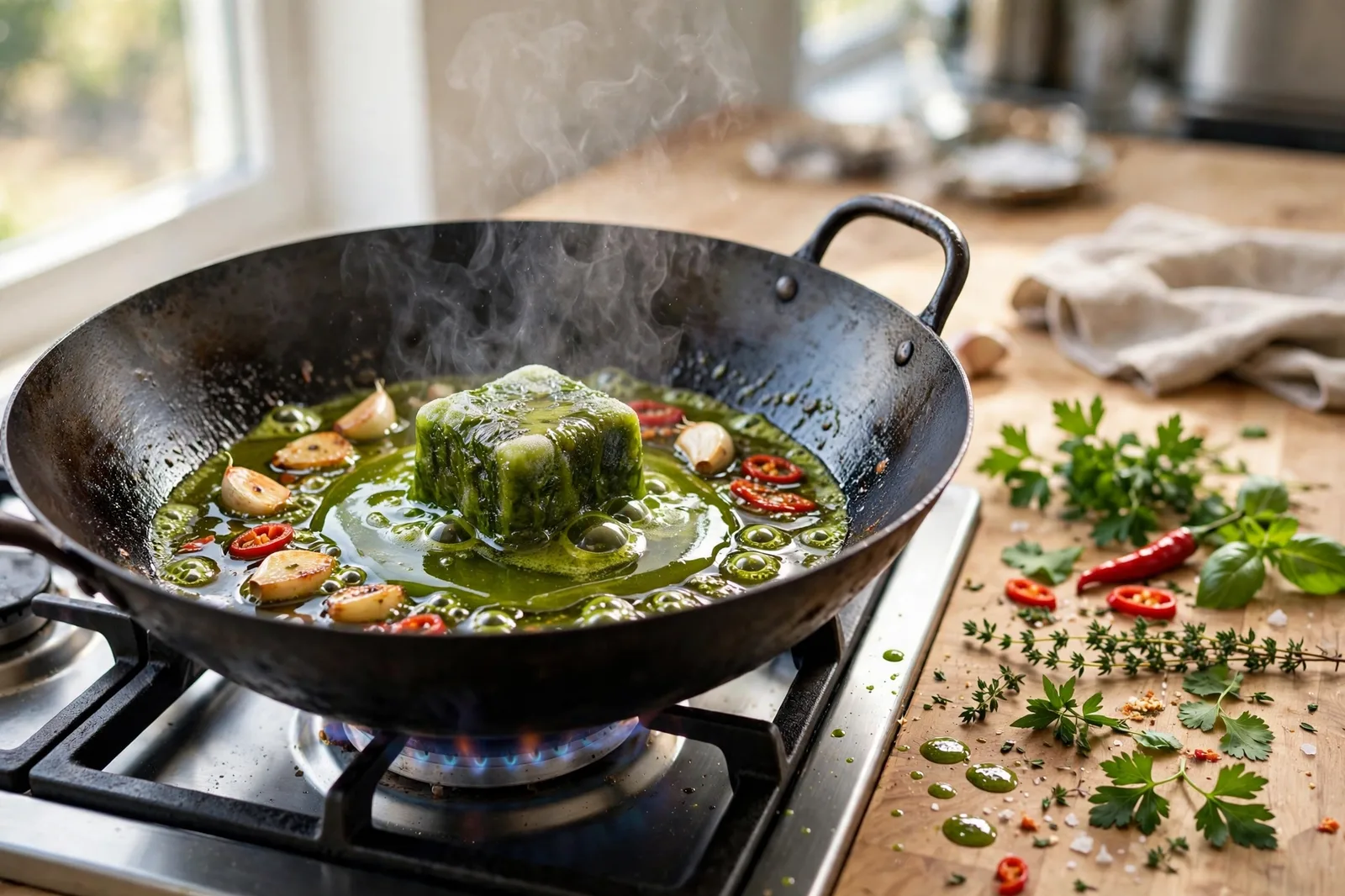 A green frozen herb-oil cube melting in a hot black wok with garlic cloves and sliced red chilies, steam rising over bubbling green oil