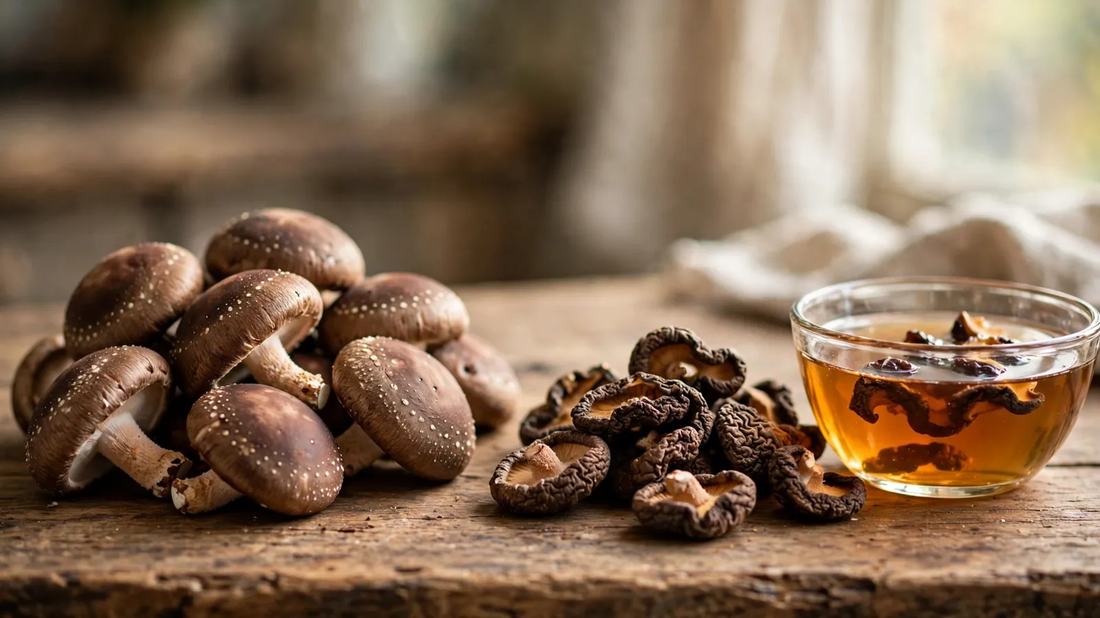 Fresh shiitake mushrooms beside dried shiitake mushrooms and a bowl of soaking liquid