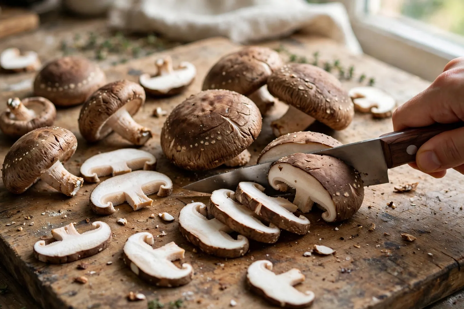 Slicing fresh shiitake mushrooms on a wooden cutting board