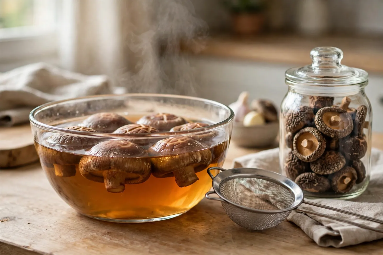 Dried shiitake mushrooms soaking in a glass bowl of amber water