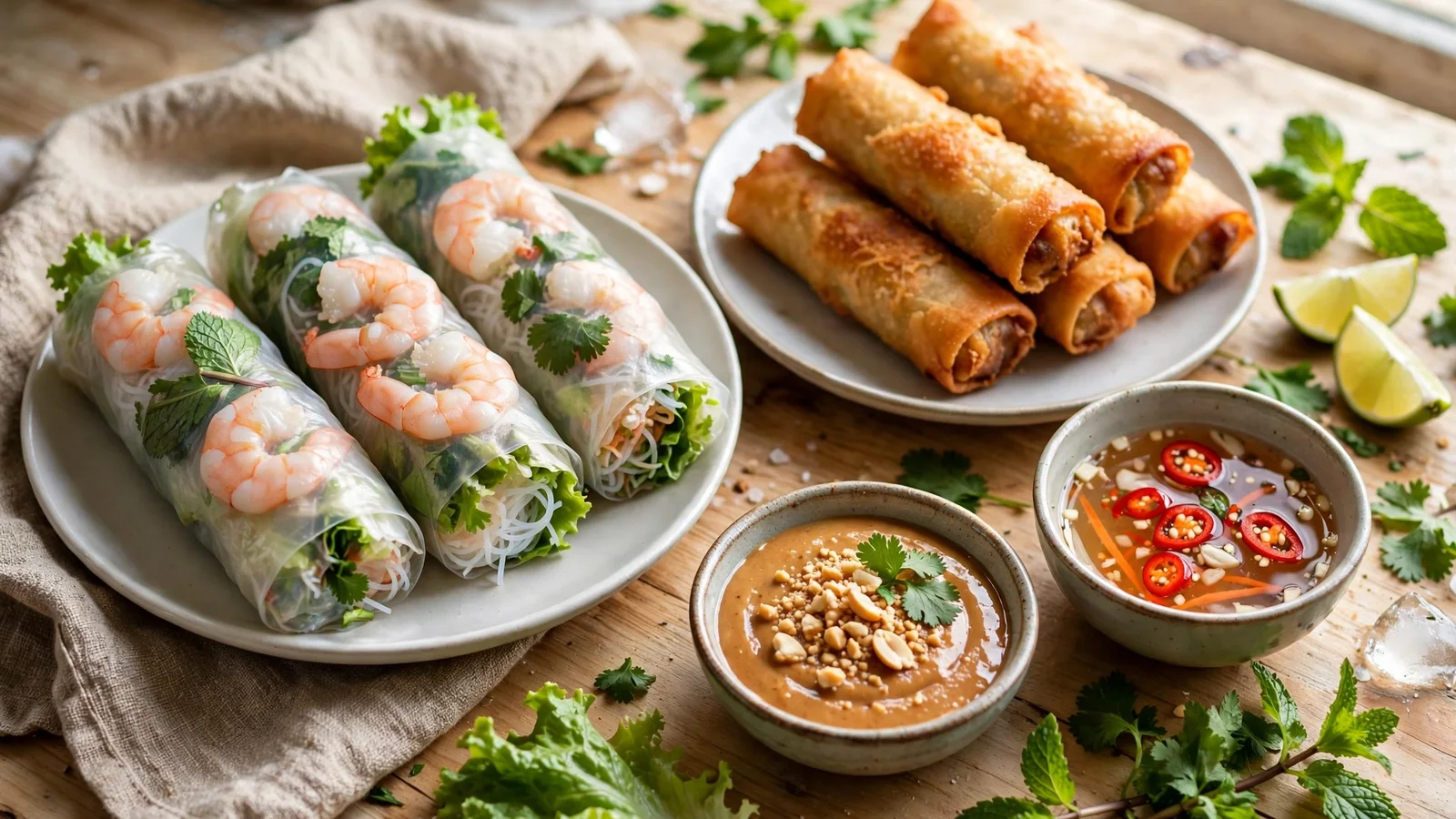Fresh Vietnamese summer rolls with translucent rice paper, shrimp and herbs on one plate beside golden fried spring rolls on another plate, with peanut sauce and nuoc cham bowls on a wooden table