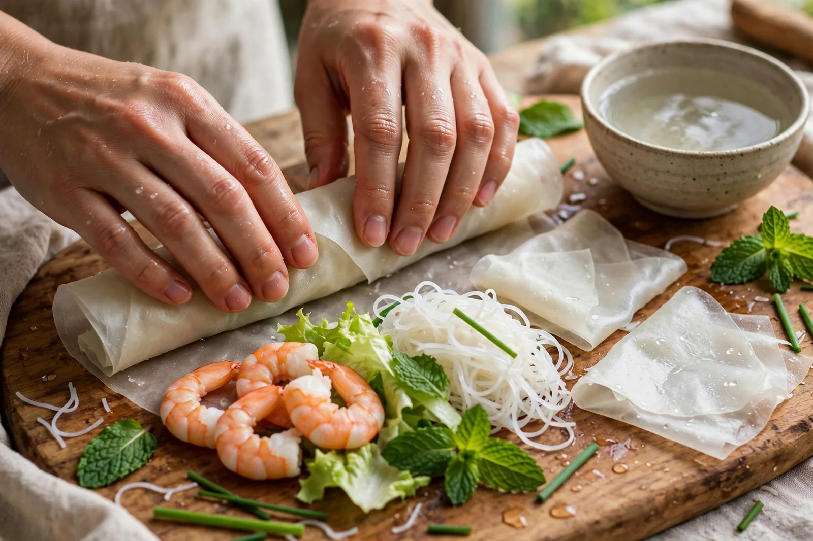Hands rolling a fresh rice-paper summer roll on a wooden board beside cooked shrimp, rice vermicelli, lettuce, mint, chives and a bowl of warm water