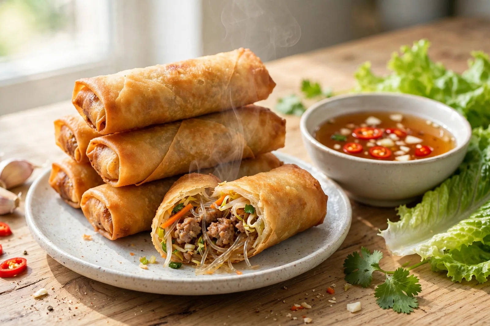 Golden fried spring rolls stacked on a plate with one cut open showing pork, glass noodle and vegetable filling, beside a bowl of nuoc cham with sliced red chili and lettuce leaves