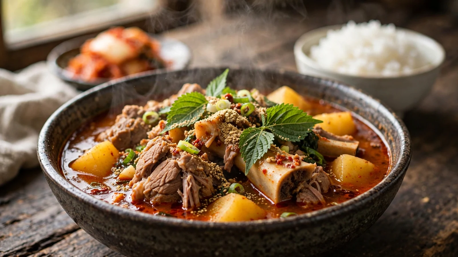 A steaming bowl of gamjatang, Korean pork bone soup, with tender pork neck bones, potato chunks, perilla leaves, and scallions in a deep red gochugaru broth, a bowl of rice and kimchi behind