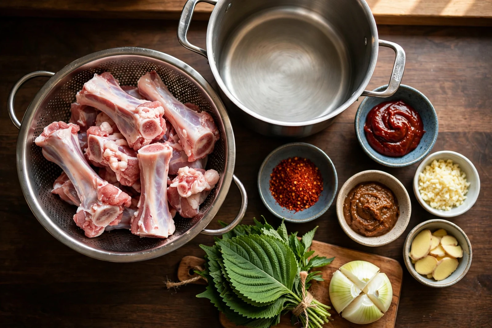 Overhead view of gamjatang ingredients: raw pork neck bones in a metal colander, an empty soup pot, and small bowls of gochugaru, gochujang, doenjang, minced garlic, and sliced ginger, with fresh perilla leaves and a quartered onion