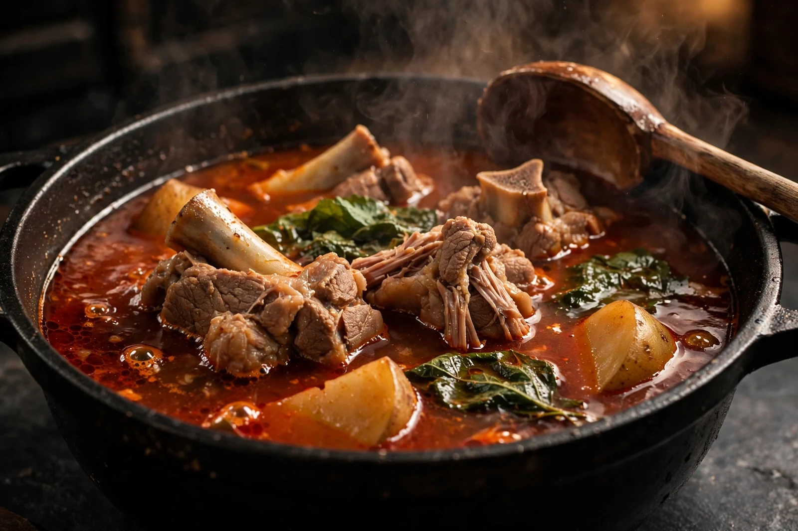 A black pot of gamjatang simmering with pork bones, potato wedges, and wilted perilla leaves in a deep red broth, steam rising, a wooden ladle resting on the pot edge