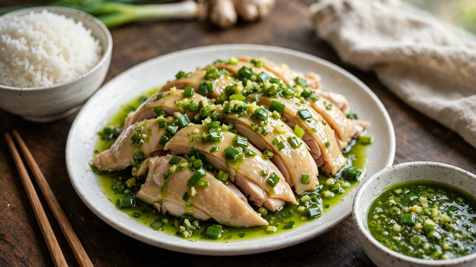 White ceramic plate of sliced poached ginger scallion chicken glossy with bright green ginger-scallion oil sauce, chopped scallions and minced ginger on top, with a small bowl of extra green sauce, a bowl of steamed jasmine rice and wooden chopsticks on a dark wooden table