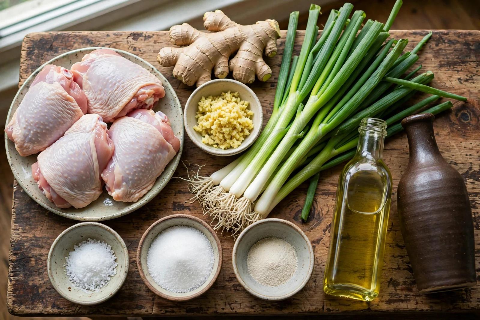 Ingredients for ginger scallion chicken on a wooden board: raw bone-in chicken thighs on a ceramic plate, a large bunch of fresh scallions, a piece of fresh ginger root, a small bowl of finely minced ginger, small bowls of salt, sugar and white pepper, and bottles of oil and cooking wine