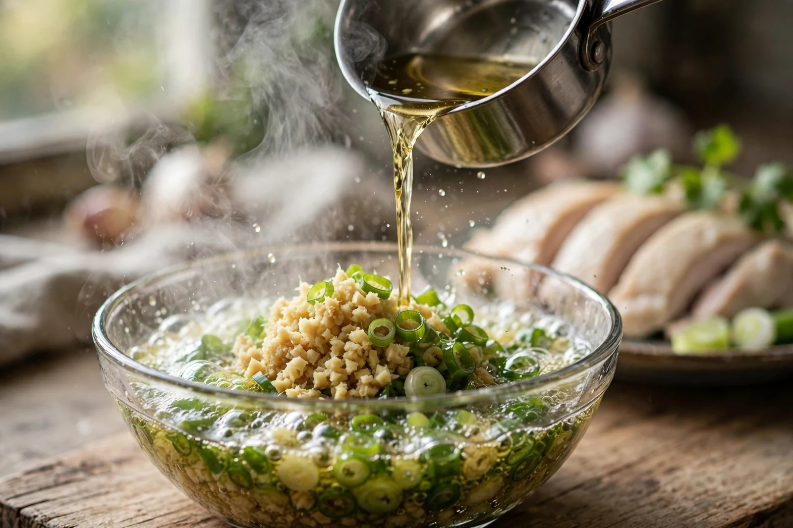 Hot oil being poured from a small metal saucepan into a glass bowl of minced ginger and sliced scallions, the sauce sizzling and steaming, with sliced poached chicken blurred on a plate in the background