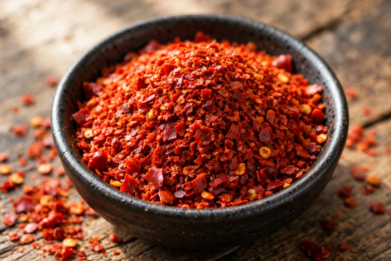 Close-up of coarse gochugaru Korean chili flakes in a small dark bowl, showing the bright red flake texture