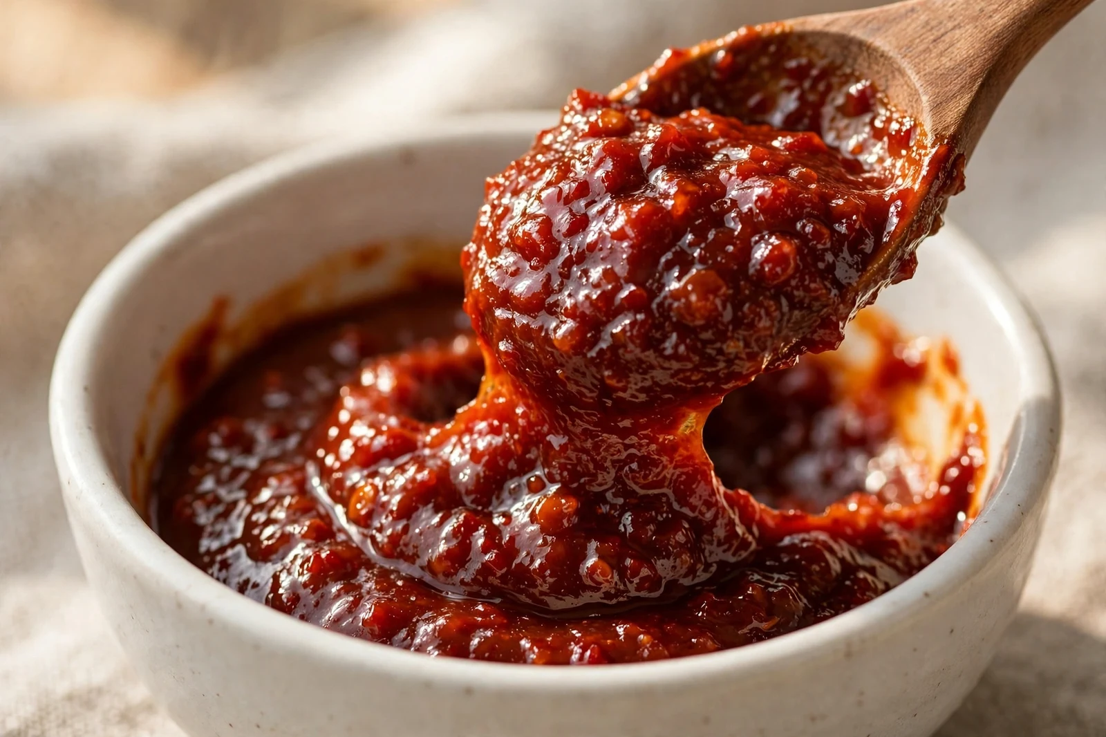 Close-up of thick glossy gochujang paste in a small white ceramic bowl with a wooden spoon, showing its sticky brick-red texture