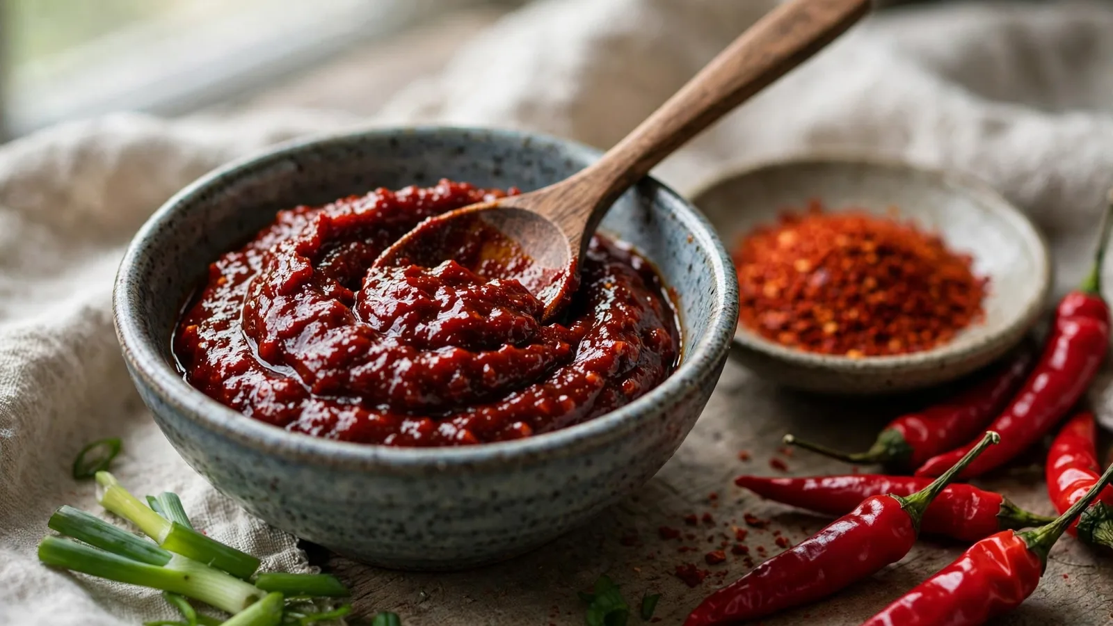 Ceramic bowl of thick deep-red gochujang Korean chili paste with a wooden spoon resting in it, small dish of gochugaru chili flakes, fresh red chilies and scallions beside the bowl