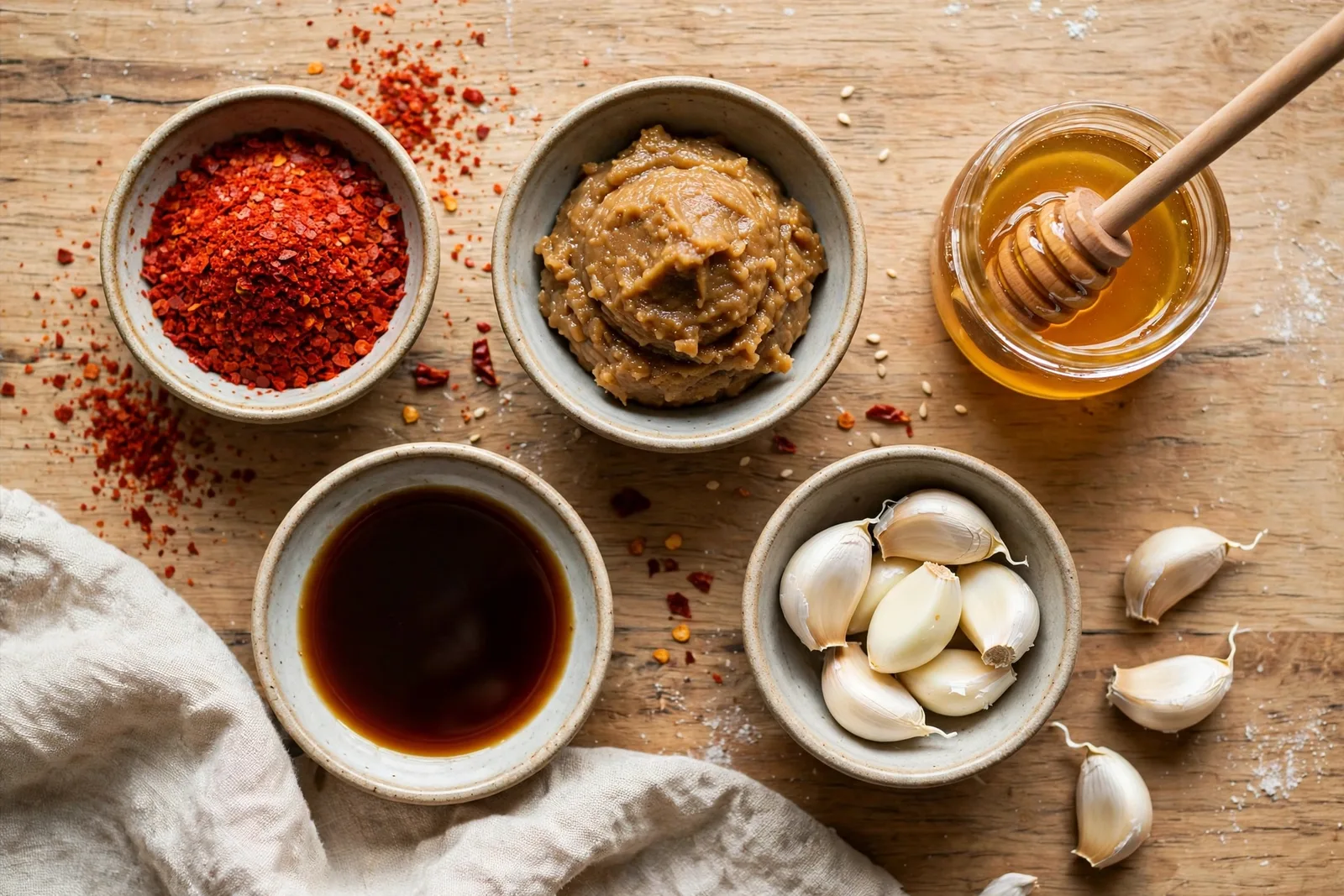 Small bowls of gochugaru chili flakes, miso paste, honey, soy sauce and garlic cloves arranged on a wooden counter for mixing a homemade gochujang substitute