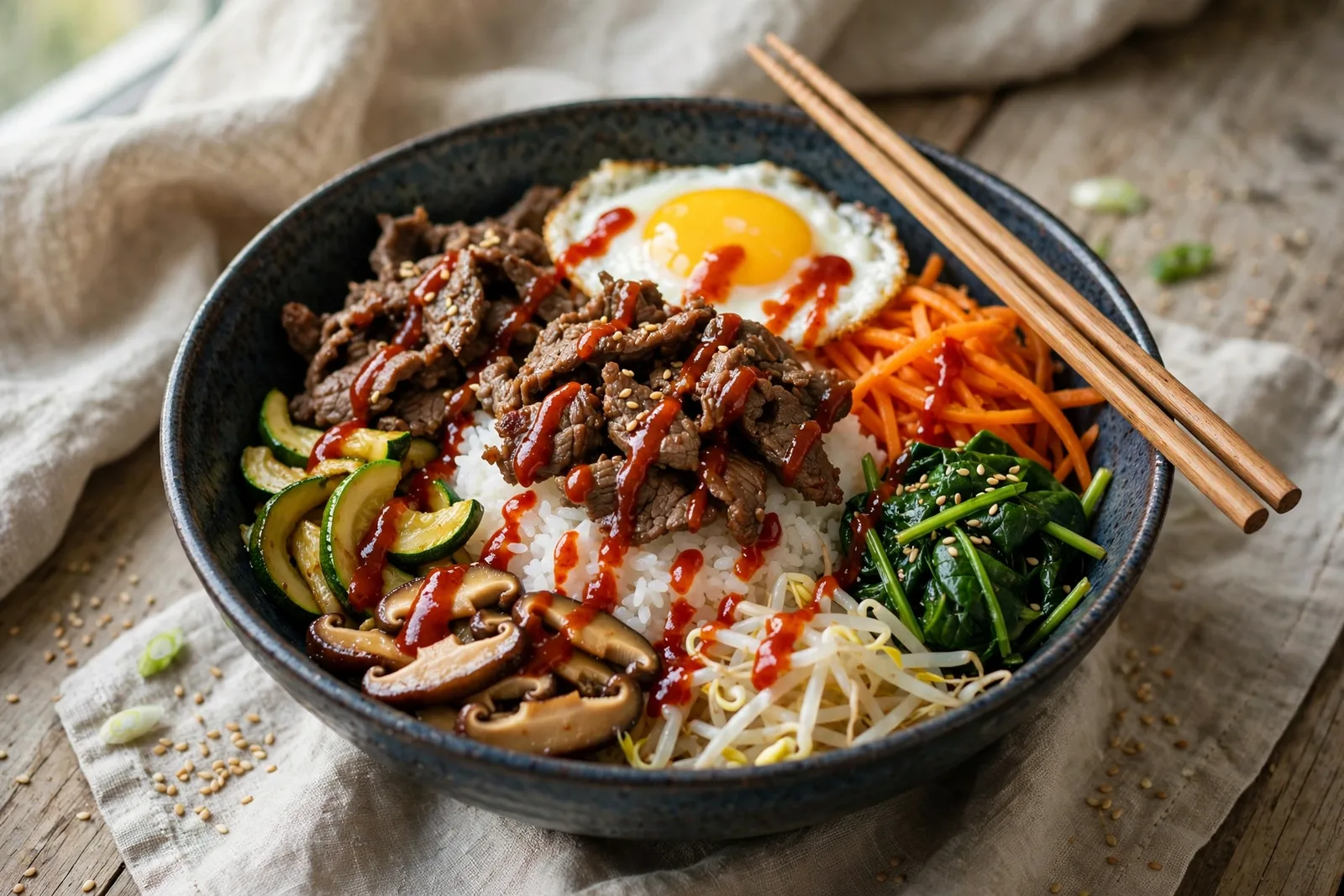 Bibimbap bowl of rice topped with sliced beef, a fried egg, carrots, spinach, zucchini, mushrooms and bean sprouts, drizzled with red chili sauce, chopsticks on the bowl