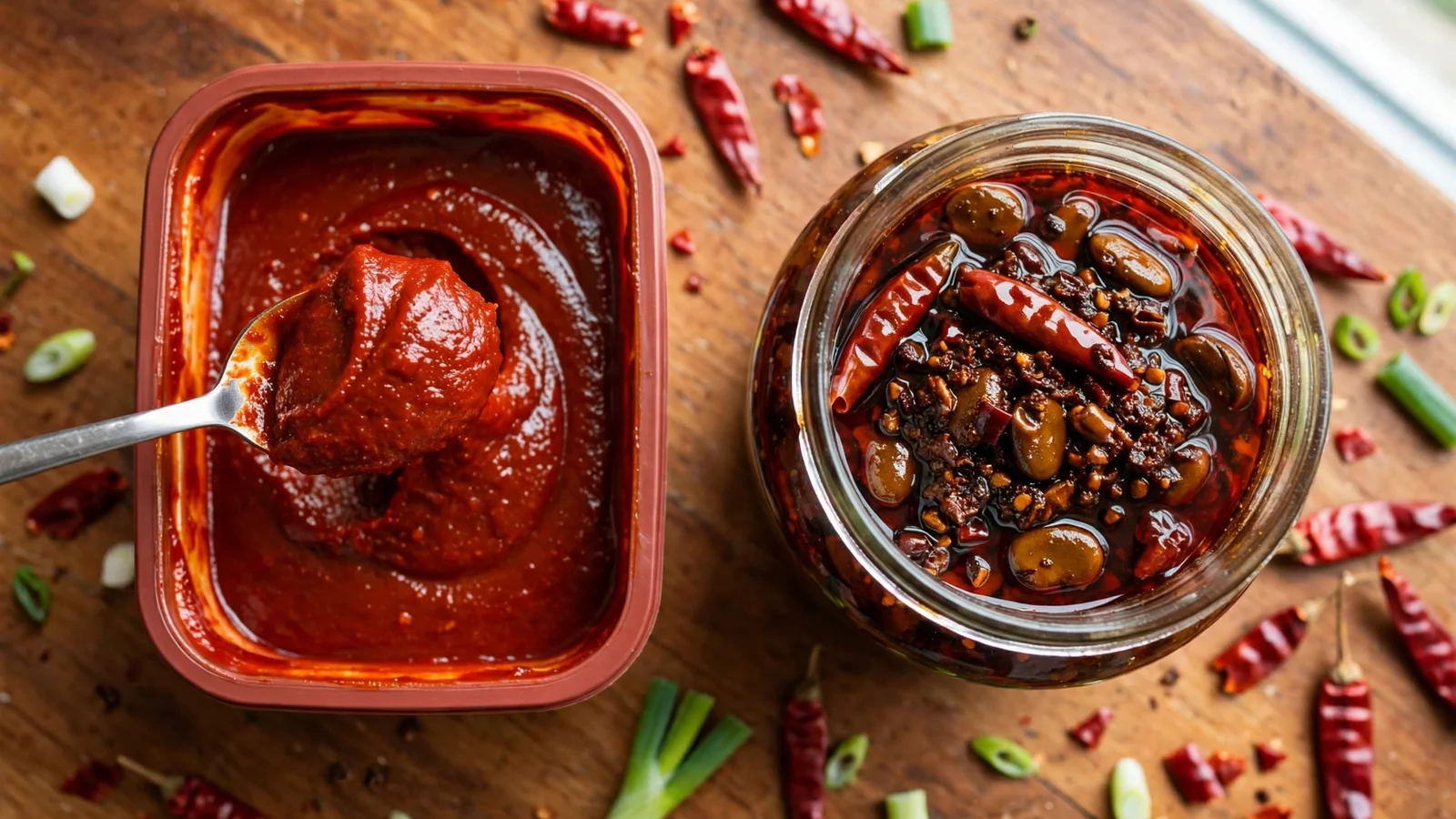 Overhead view of two chili pastes on a wooden board: a rectangular tub of glossy smooth gochujang with a spoon lifting thick red paste on the left, and a glass jar of chunky doubanjiang with red chili oil, fermented broad beans and dried chilies on the right, with dried red chilies and scallion greens scattered around