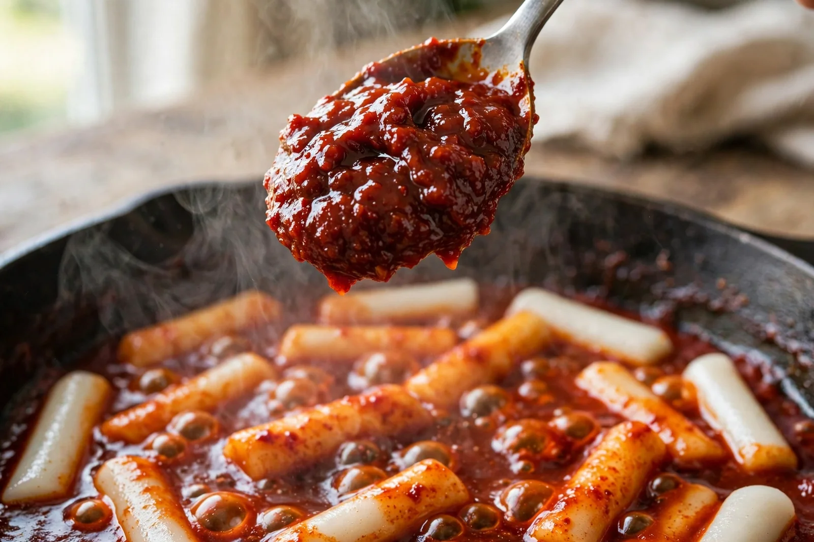Spoon holding glossy gochujang paste over a steaming pan of tteokbokki rice cakes simmering in thick red sauce, steam rising from the pan