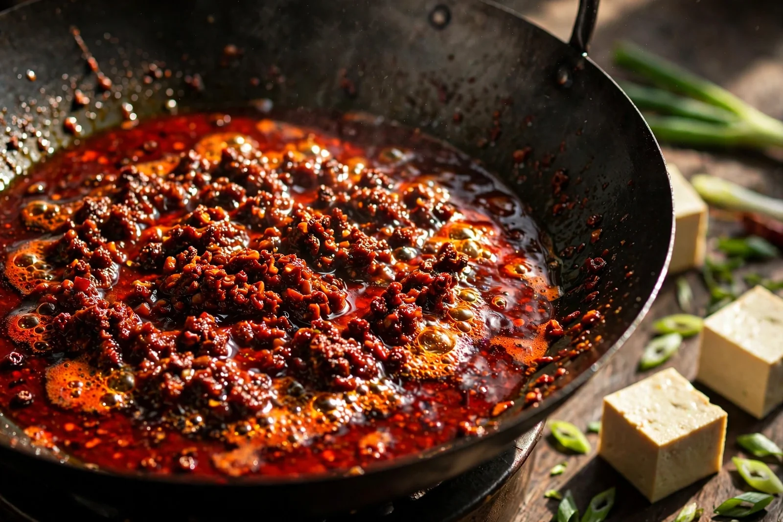 Dark doubanjiang paste frying and blooming in a black wok, red chili oil bubbling around the paste with tofu cubes and sliced scallions beside the wok
