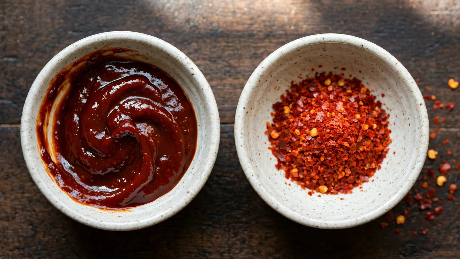 Two small bowls side by side on a dark wooden table: glossy deep-red gochujang paste in one, coarse bright-red gochugaru chili flakes in the other