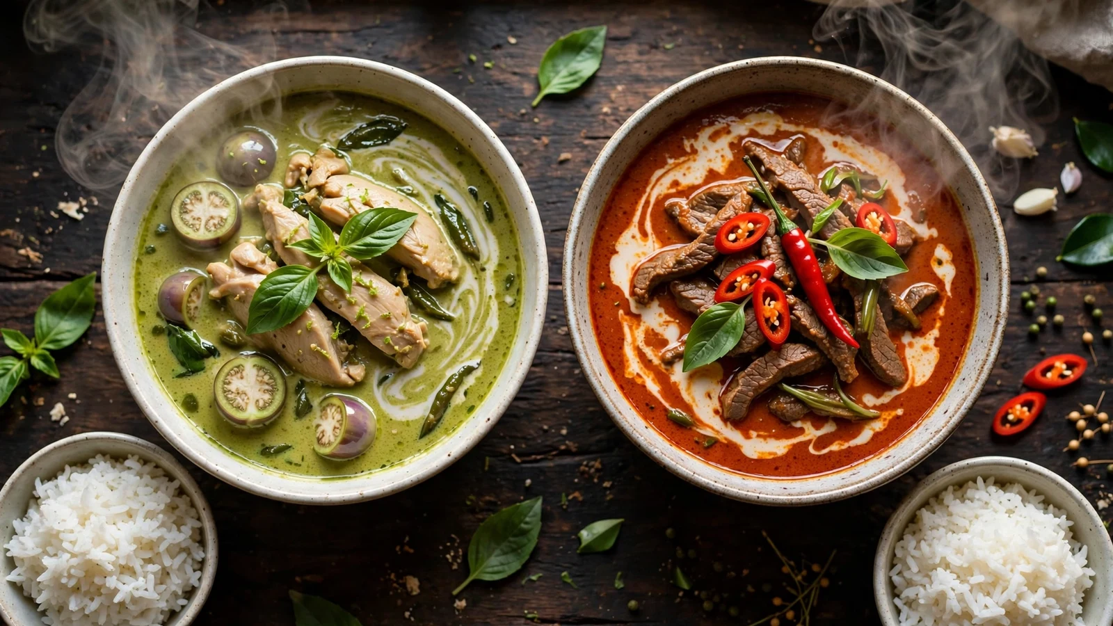 Two bowls of Thai curry side by side on a dark wooden table: green curry with chicken, Thai eggplant, and basil on the left and red curry with sliced beef, red chili, and basil on the right, with small bowls of jasmine rice and steam rising