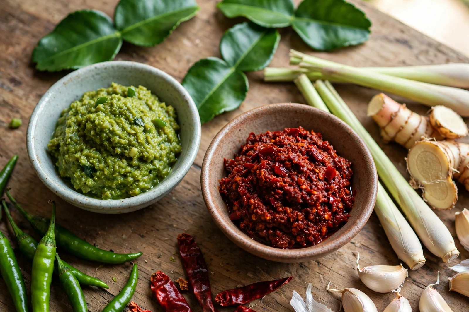 Two small bowls of Thai curry paste on a wooden counter, bright green curry paste and deep red curry paste, surrounded by fresh green chilies, dried red chilies, lemongrass stalks, sliced galangal, garlic, and makrut lime leaves