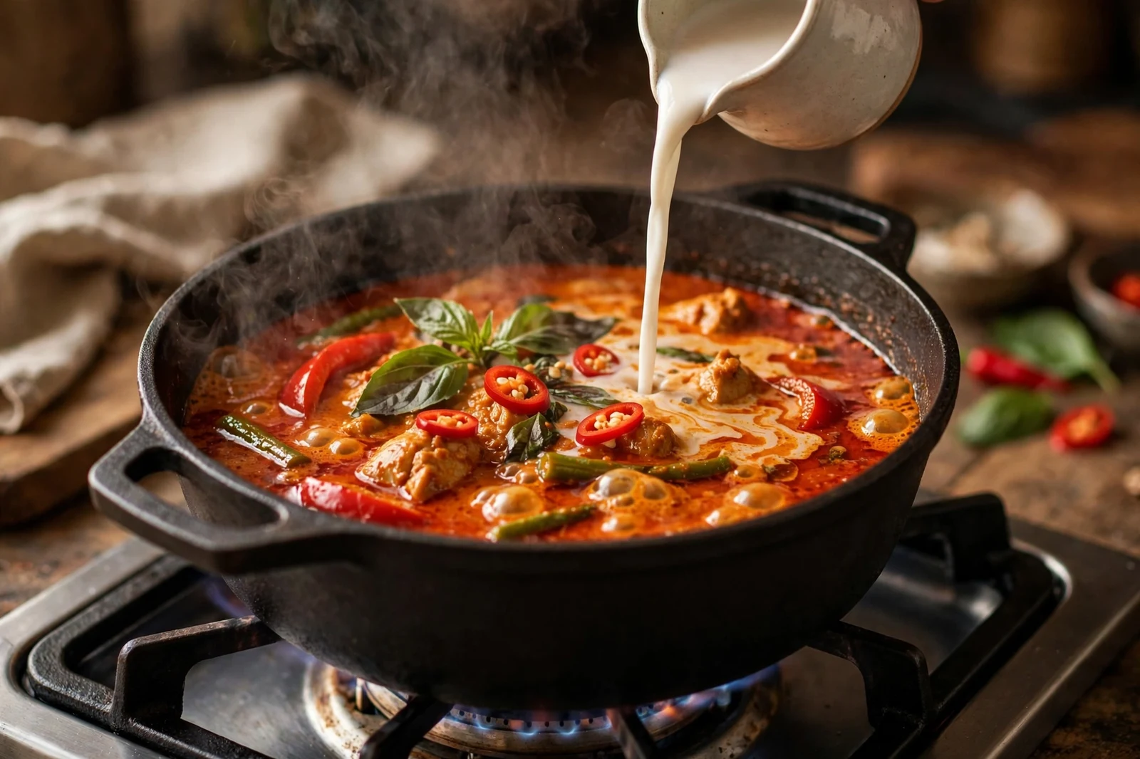 Thai red curry with chicken, green beans, and basil simmering in a black pot on a gas stove while coconut milk is poured in from a small jug, steam rising