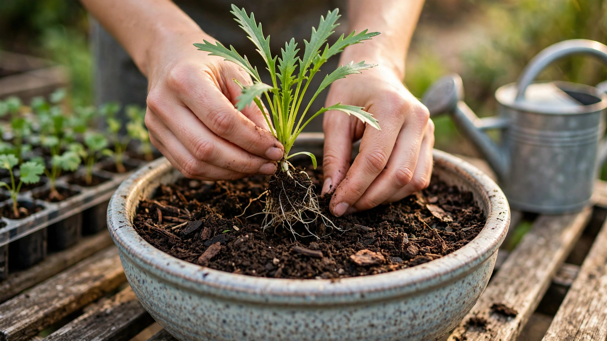Hands transplanting a small culantro seedling into a wide ceramic pot of dark potting soil on a wooden garden bench