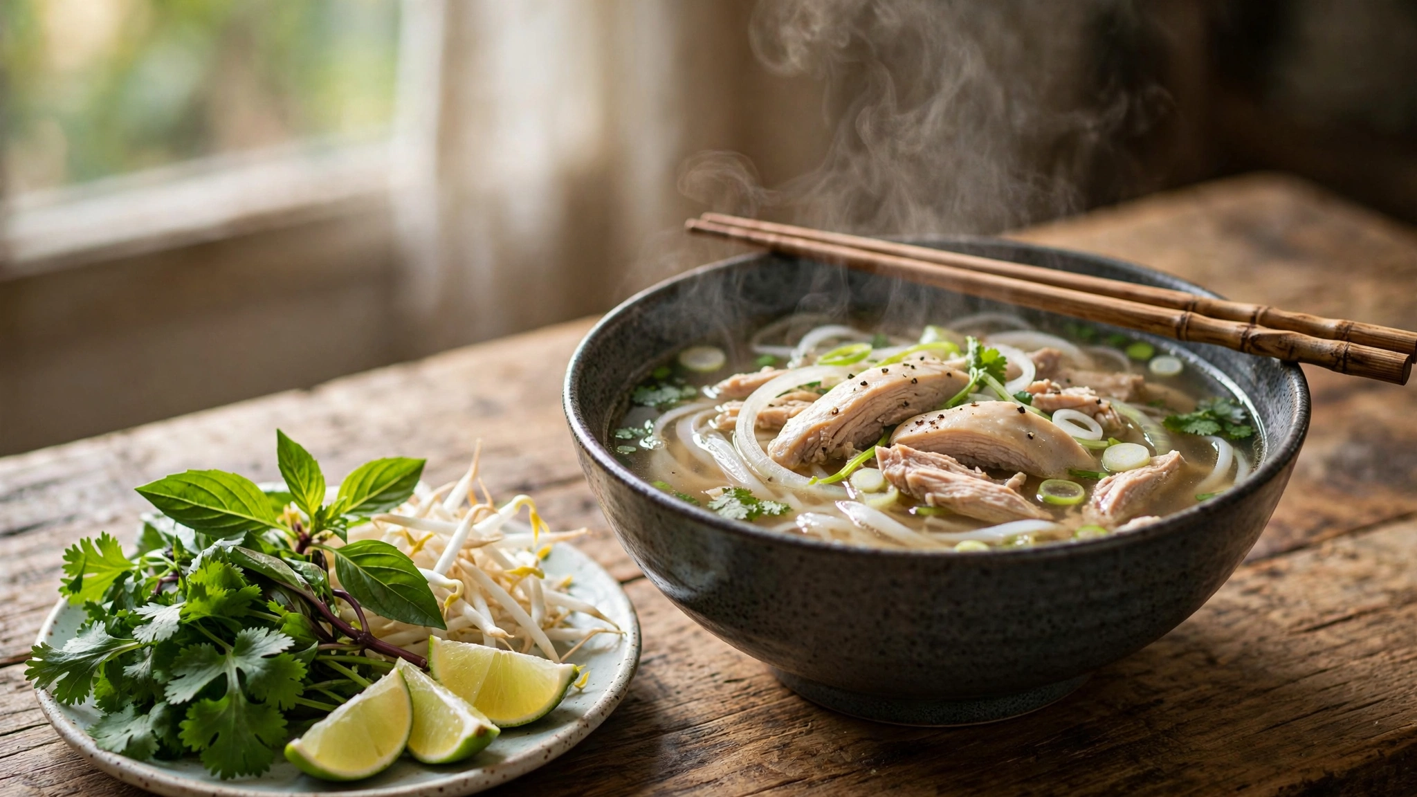 Bowl of pho ga chicken noodle soup with fresh culantro leaves, Thai basil, bean sprouts and lime wedges on a wooden table