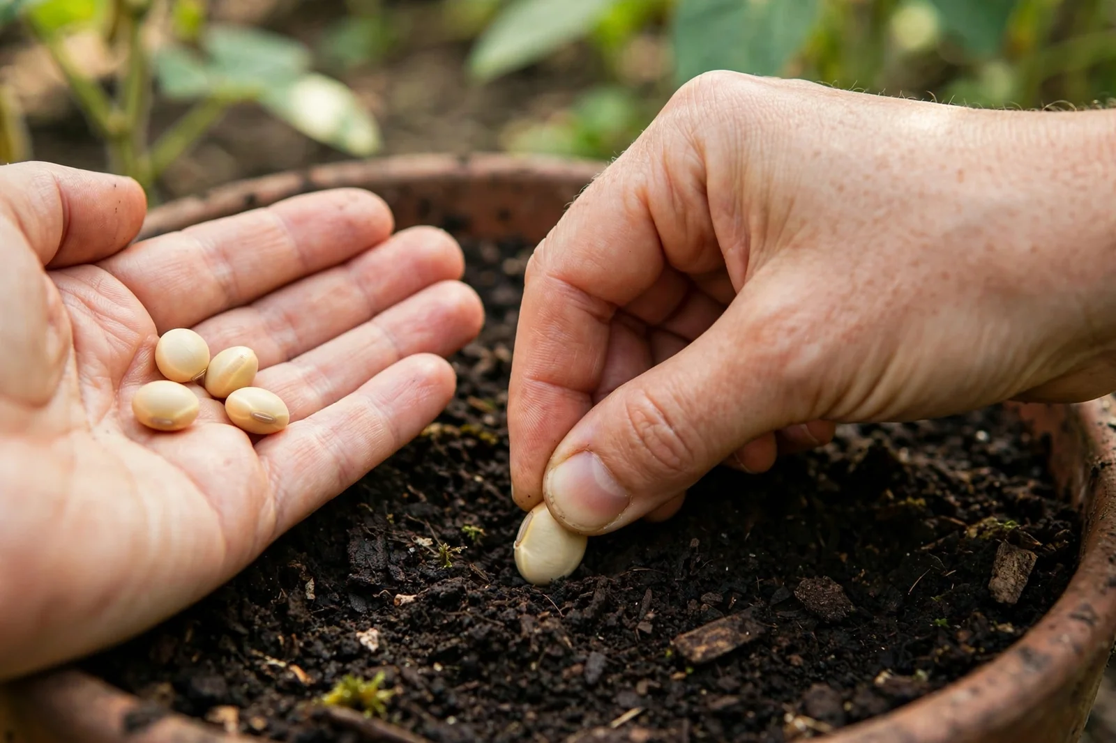 Hands pressing soybean seeds into dark potting soil in a container pot