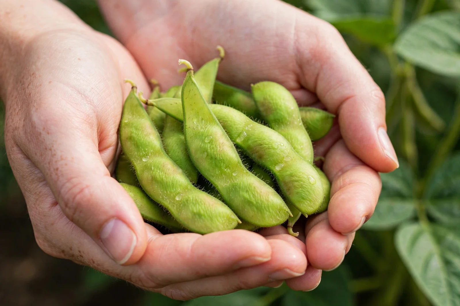 Cupped hands holding freshly picked plump green edamame pods with beans visible through the pod skins