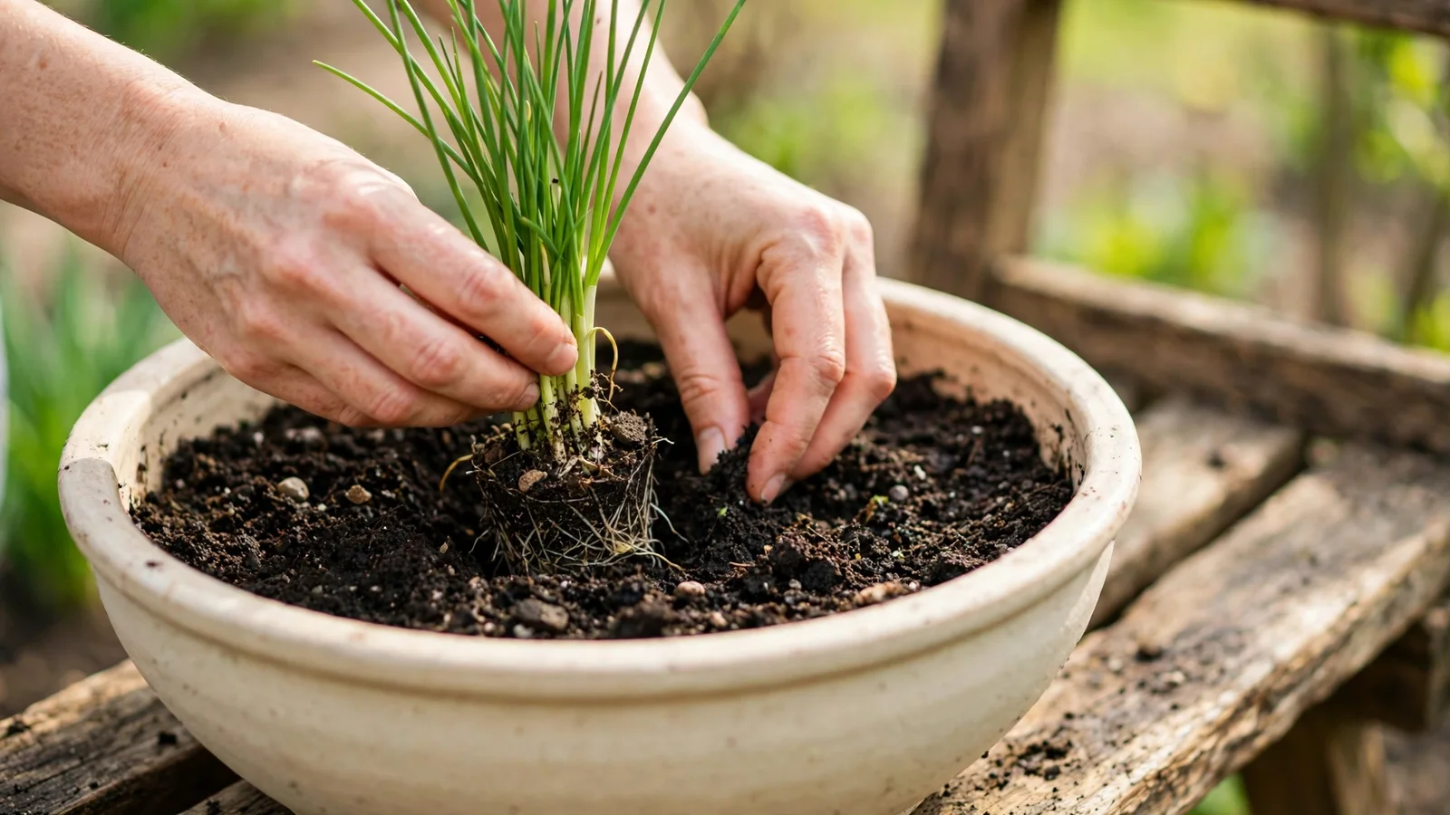 Hands planting a small garlic chive clump with white roots into a wide ceramic pot of dark potting soil on a wooden garden bench