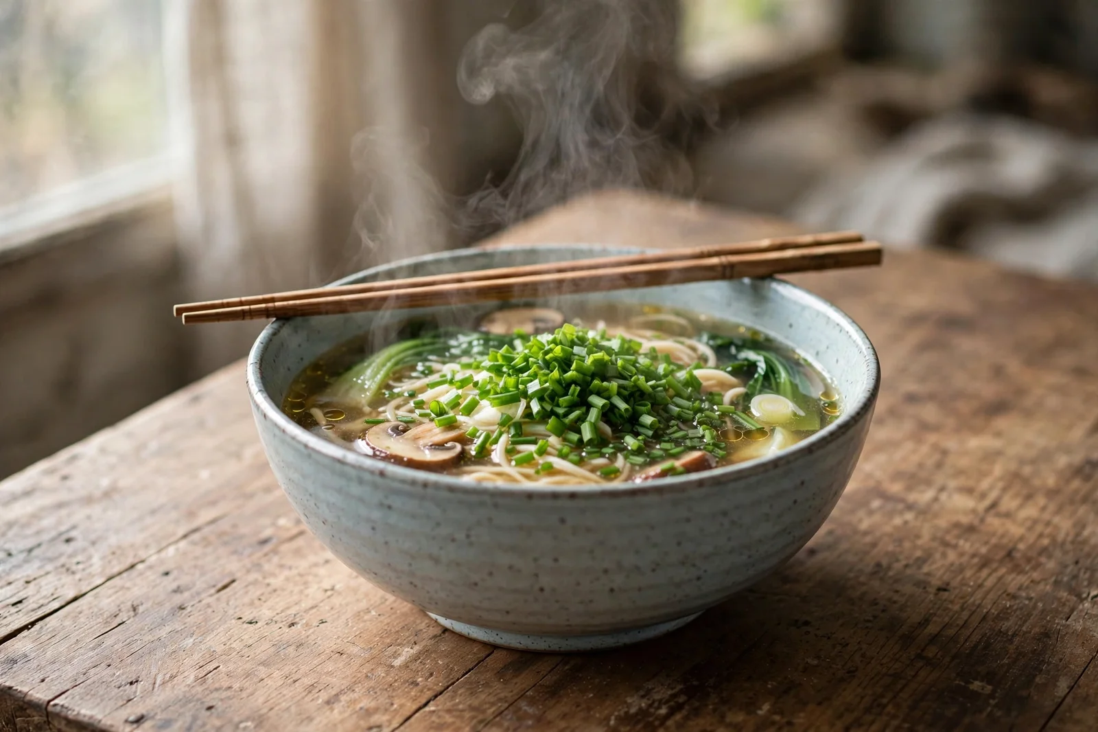 Steaming bowl of noodle soup topped with a fresh handful of chopped garlic chives, chopsticks resting on the bowl, on a wooden table