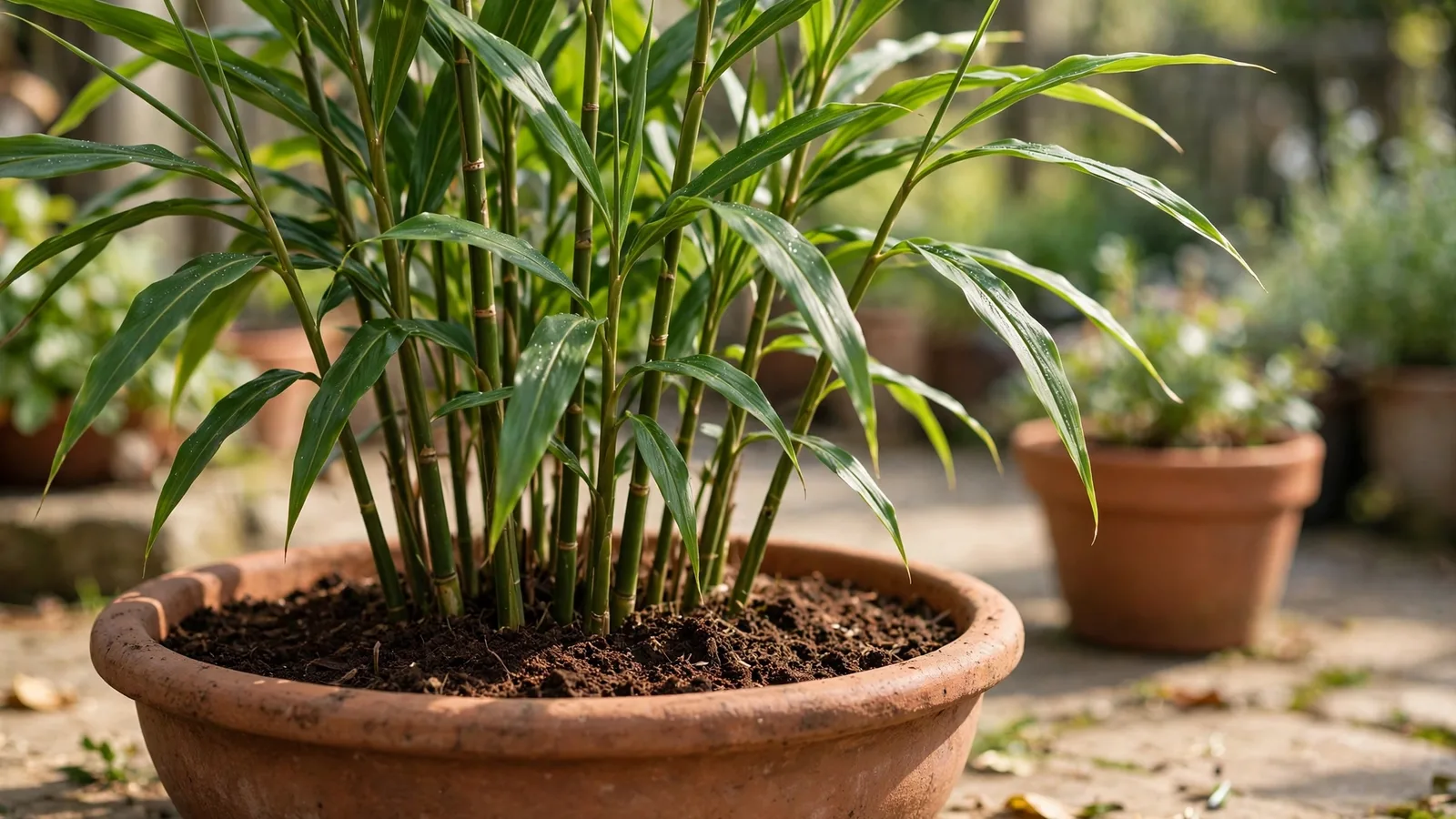 Wide terracotta pot holding a lush ginger plant with tall bamboo-like green stalks and slender leaves, on a sunny patio with a second potted plant softened in the background
