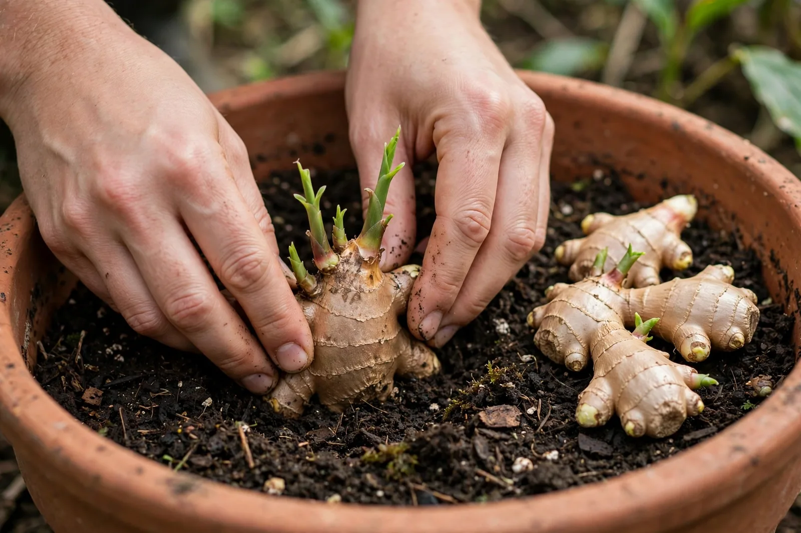 Hands pressing a fresh ginger rhizome with small green growth buds into dark potting soil in a wide terracotta pot, two more rhizome pieces resting on the soil beside it
