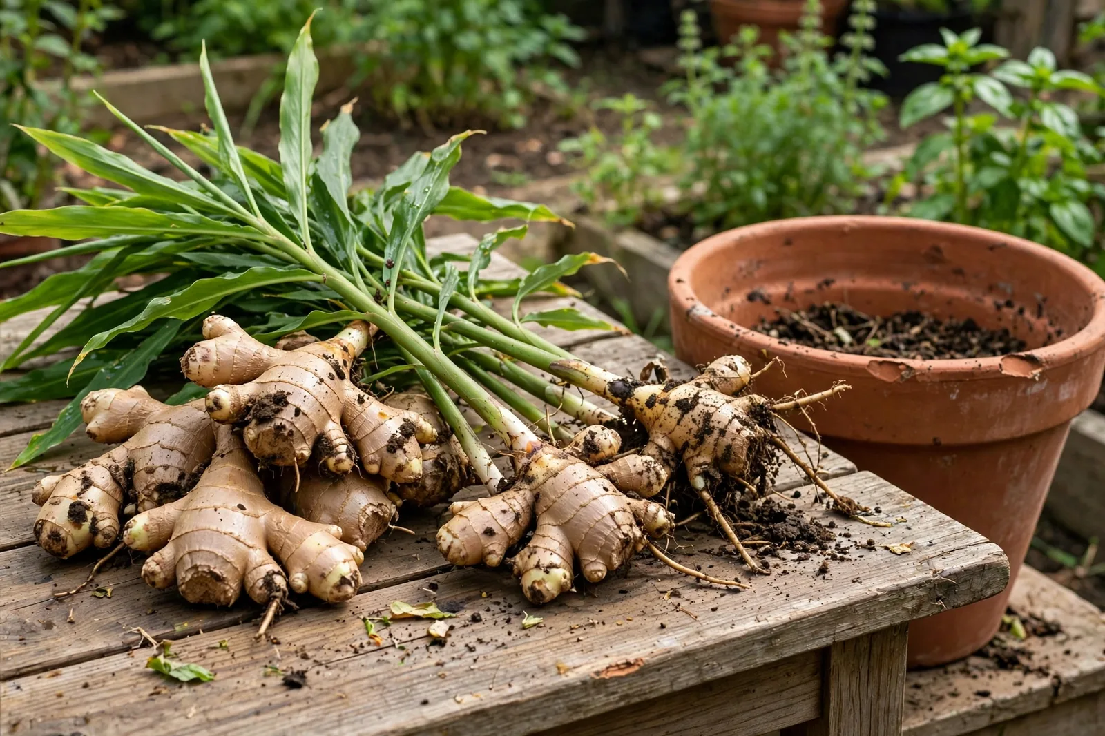 Freshly harvested ginger rhizomes with clinging soil and green leafy stalks laid on a wooden garden table beside the wide terracotta pot they were grown in