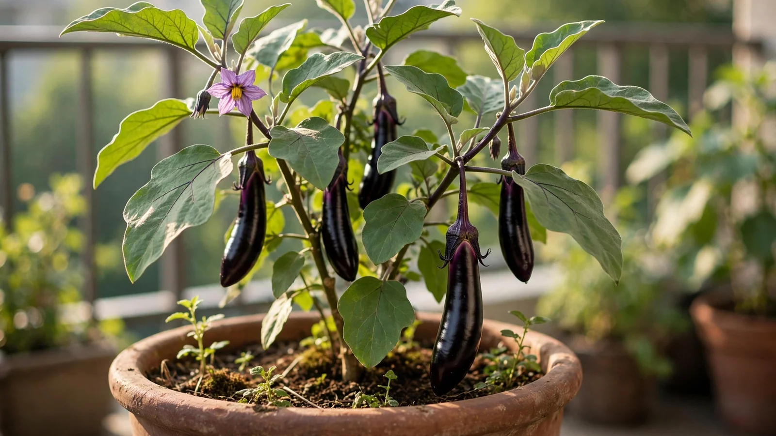 Japanese eggplant plant growing in a large terracotta container on a sunny balcony, long glossy dark-purple eggplants hanging among green leaves beside a small purple flower, with a blurred balcony railing behind