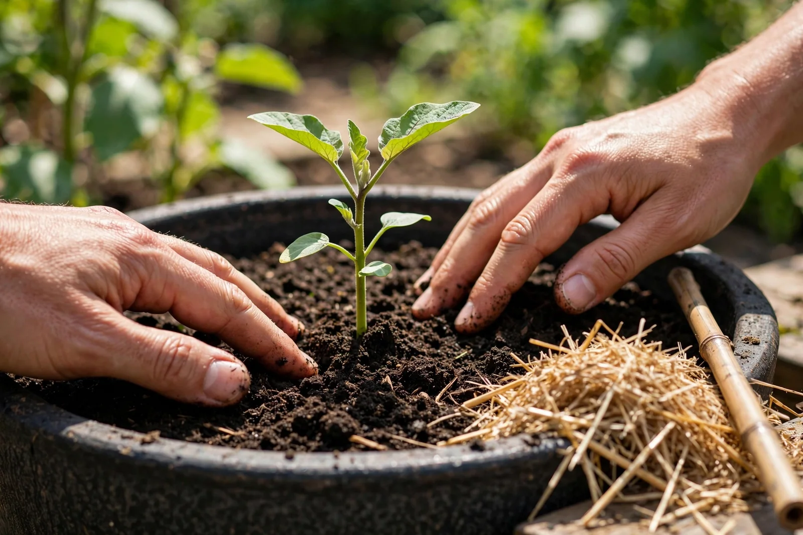 Hands firming dark potting mix around a young Japanese eggplant seedling in a large container, with a bamboo stake and straw mulch beside the pot