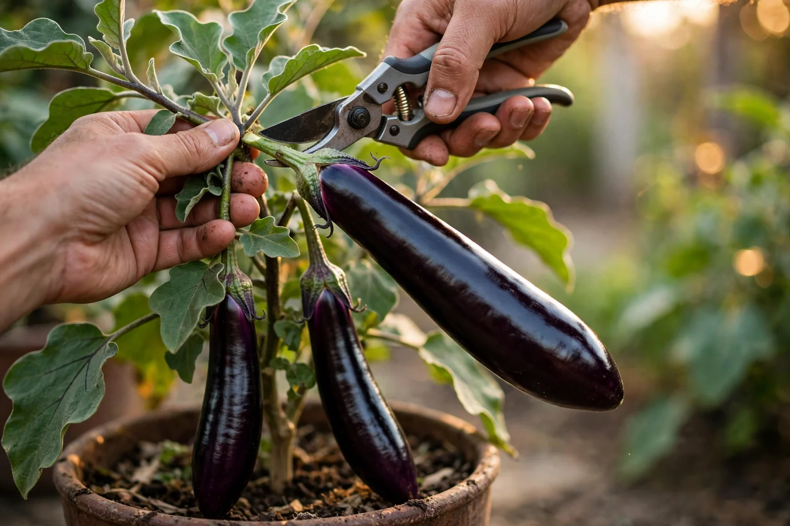 Hands clipping a long glossy Japanese eggplant from a container-grown plant with pruning shears, two more slender dark-purple eggplants hanging below the leaves
