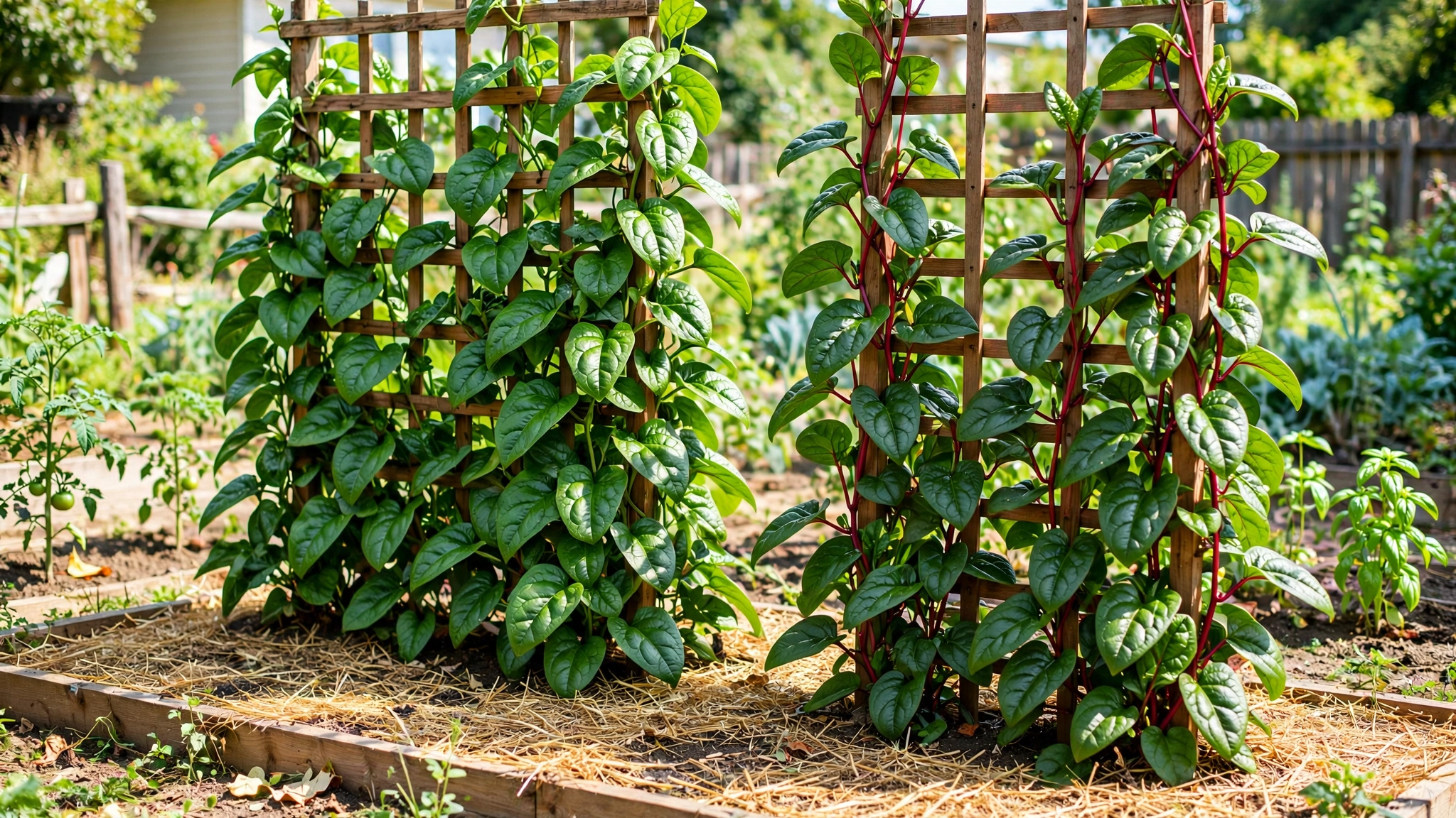 Lush Malabar spinach vines with thick glossy green leaves climbing a wooden trellis in a sunny home vegetable garden, with a red-stemmed vine beside them and straw mulch below