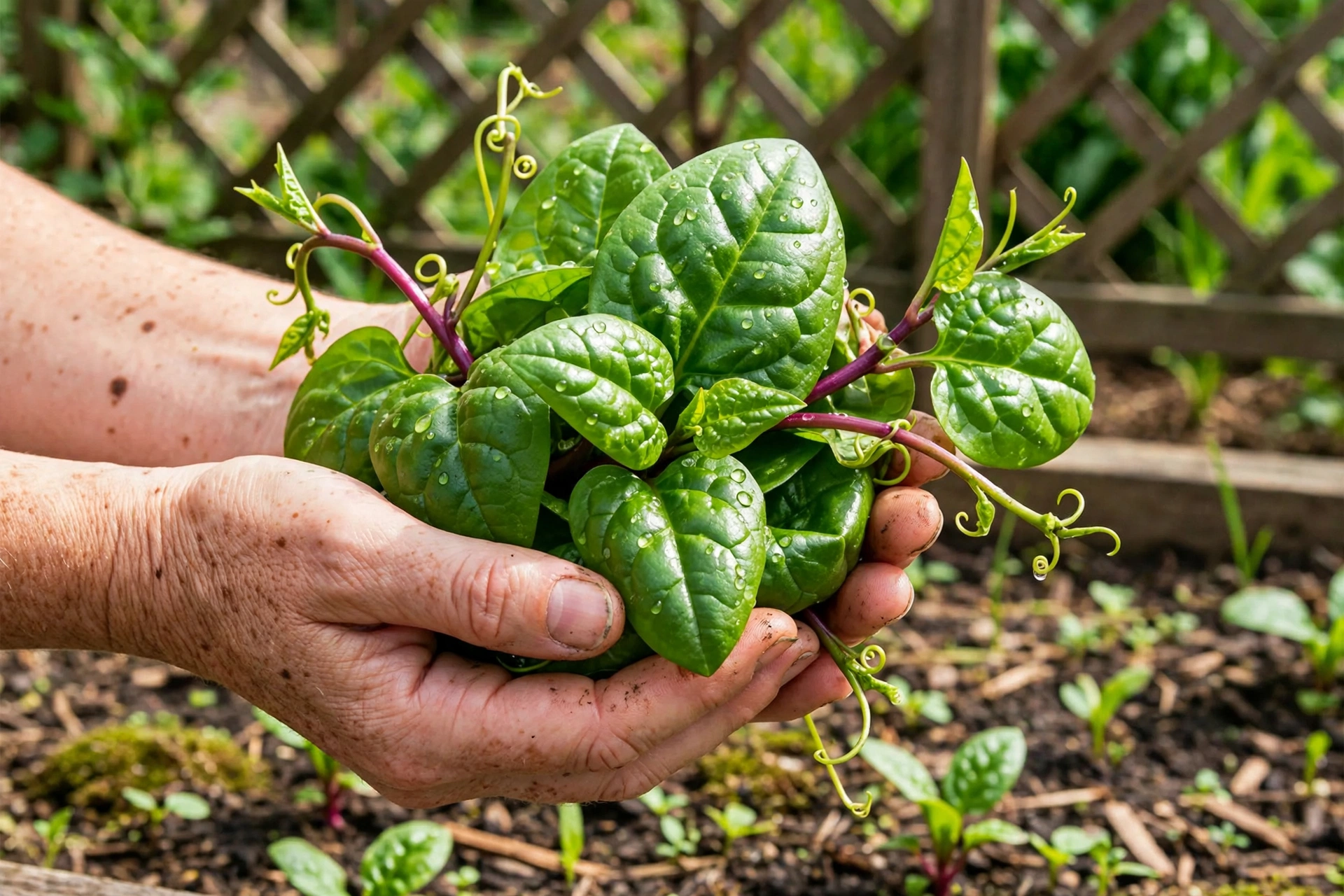Hands holding freshly picked young Malabar spinach leaves and tender vine tips over a garden bed, with glossy green leaves and a wooden trellis behind