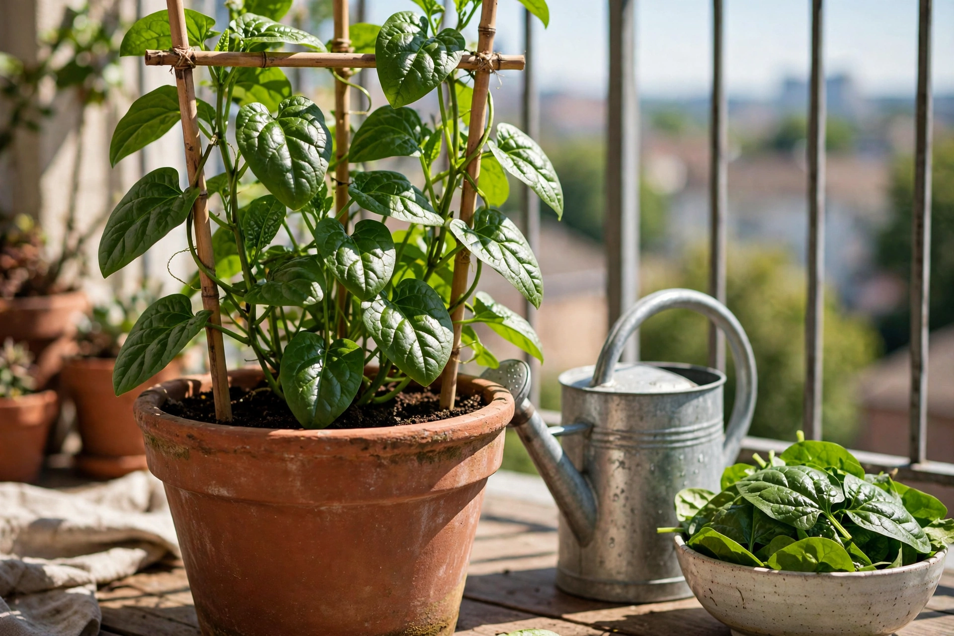 A Malabar spinach vine growing in a large terracotta pot with a small bamboo trellis on a sunny balcony, with a watering can and a bowl of harvested glossy green leaves beside the pot