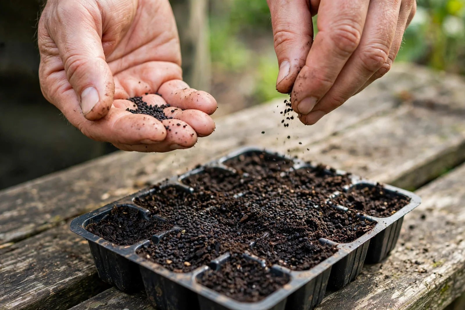 Hands sowing small dark perilla seeds into a seed tray of moist potting soil on a wooden garden bench