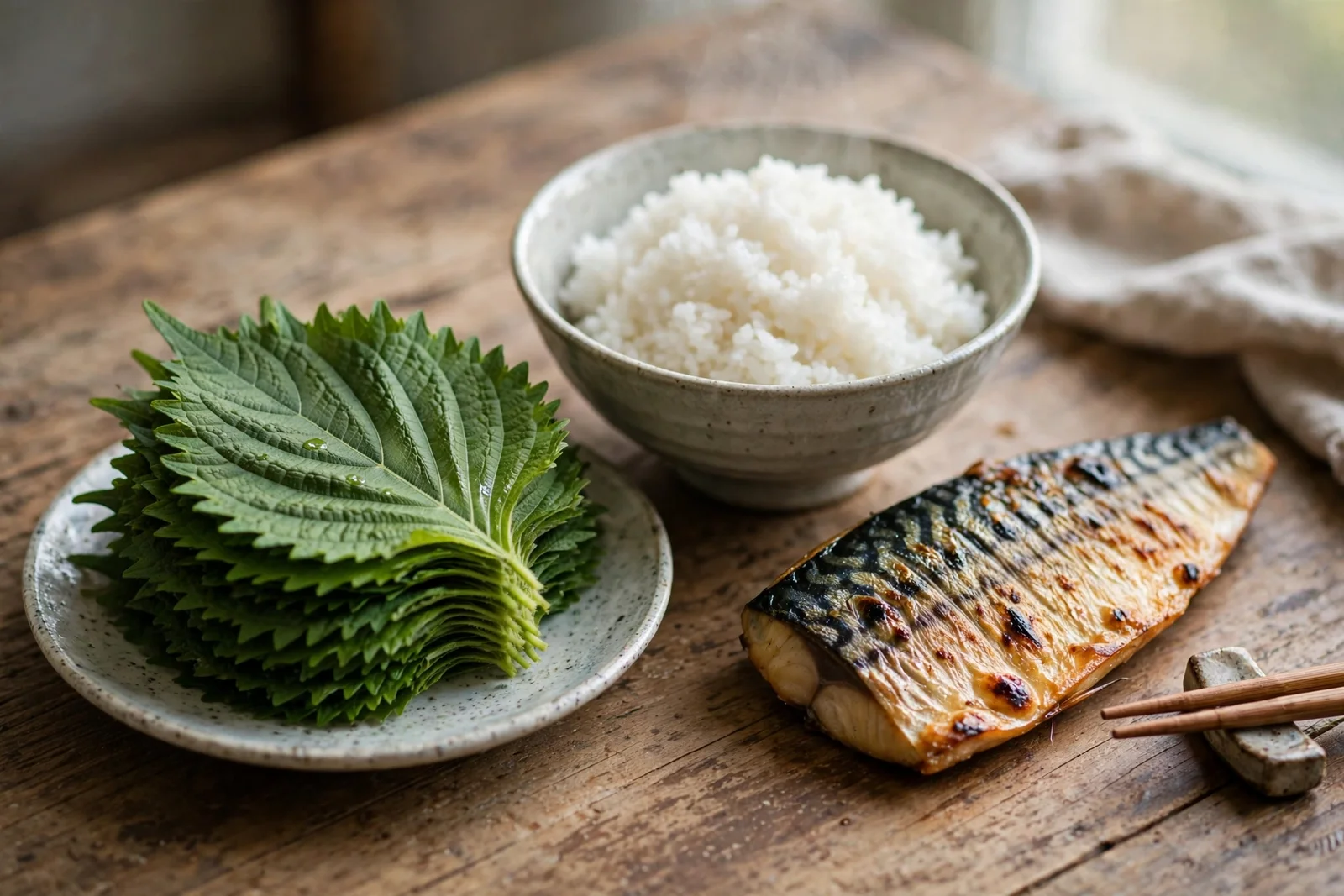 A stack of fresh green perilla leaves on a small plate beside a bowl of steamed rice and grilled mackerel on a wooden table